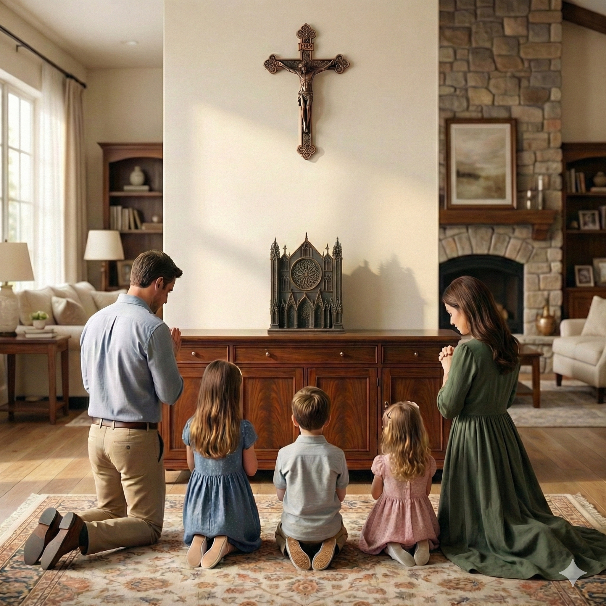 A family kneeling in prayer before the Angelus Chime